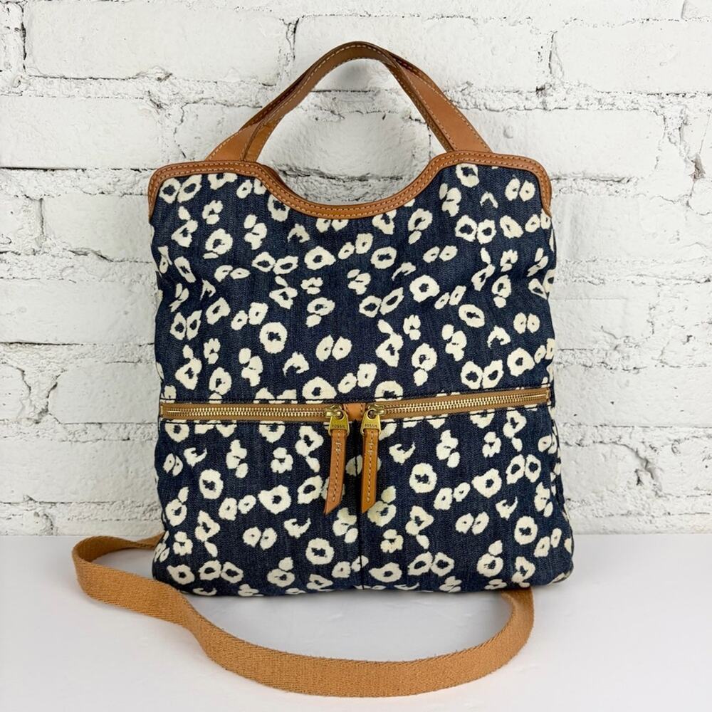 Fossil Navy Blue White Leopard Canvas Fold Over Tote Satchel Crossbody